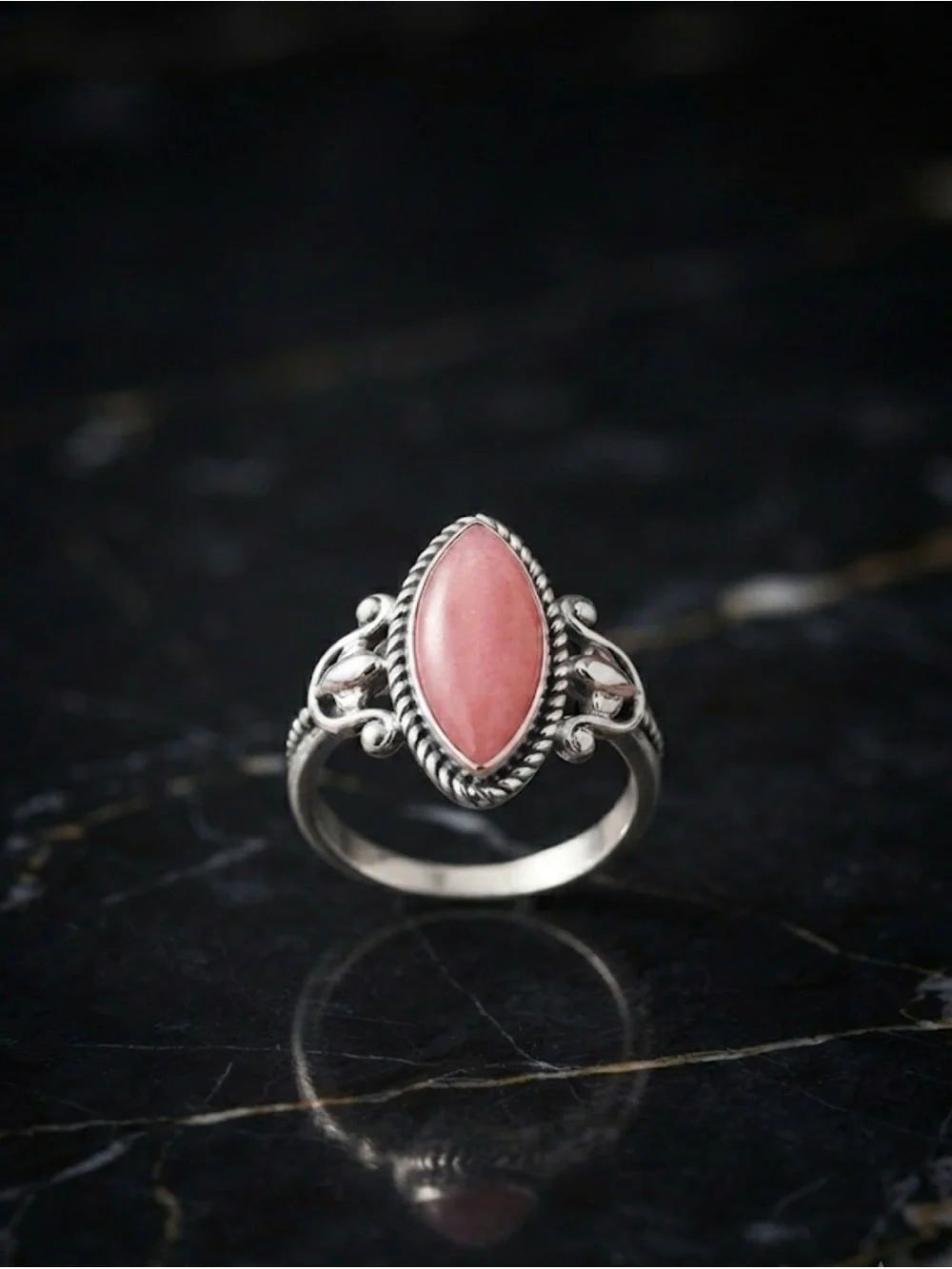 Sterling Silver Marquise Pink Jade Ring